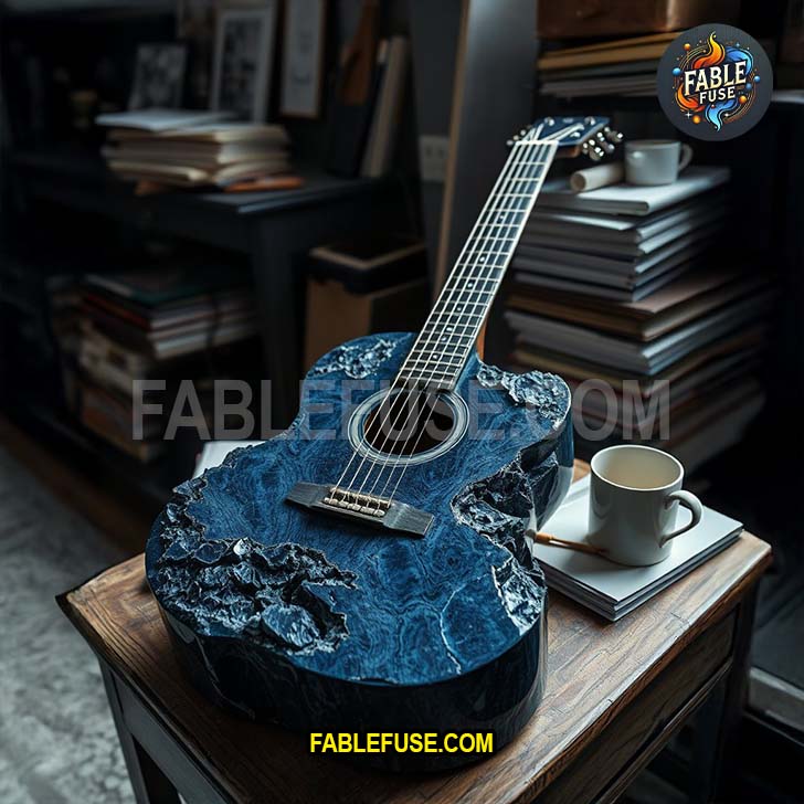 Dark blue stone guitar on a desk with books and coffee.