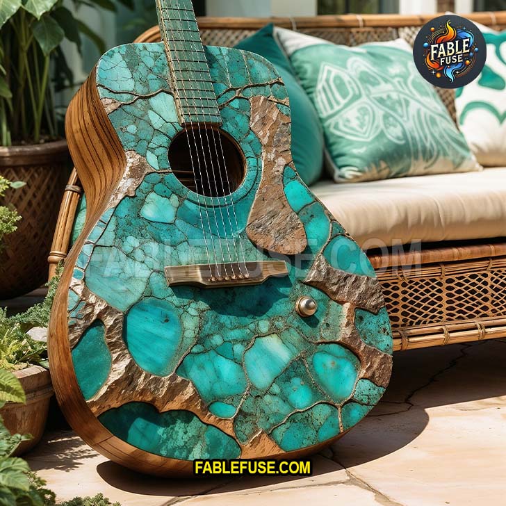 Acoustic guitar with a vibrant blue-green chrysocolla stone design and wooden sides.