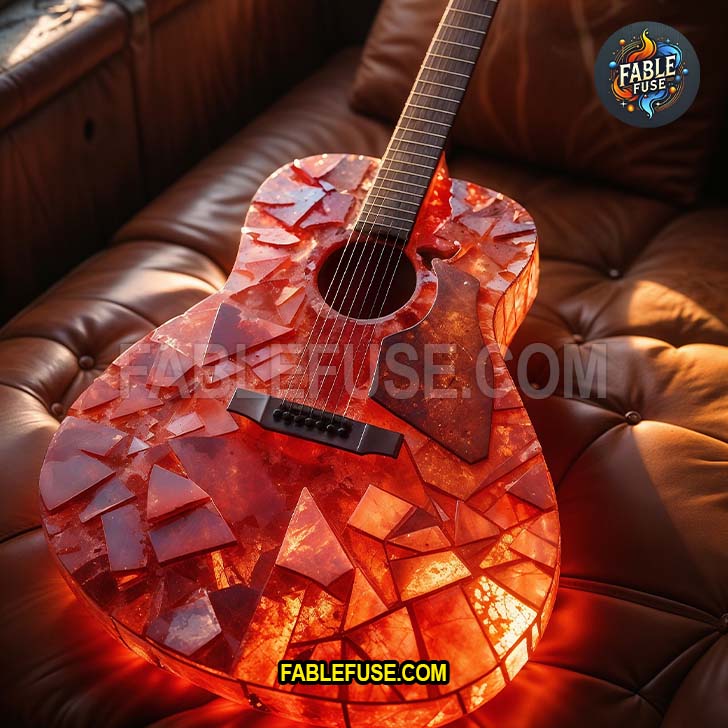 Radiant red guitar with angular shards resembling fiery carnelian or red glass mosaic.