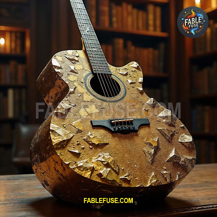 Guitar with textured golden surface and angular metallic shards resembling pyrite.