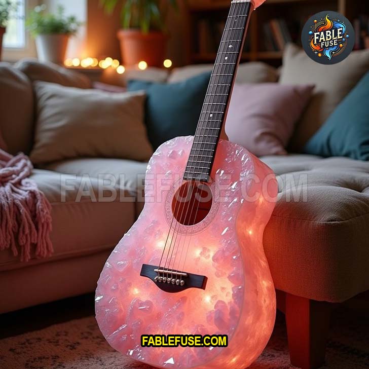 Soft pink crystal guitar glowing with internal light, styled like rose quartz.