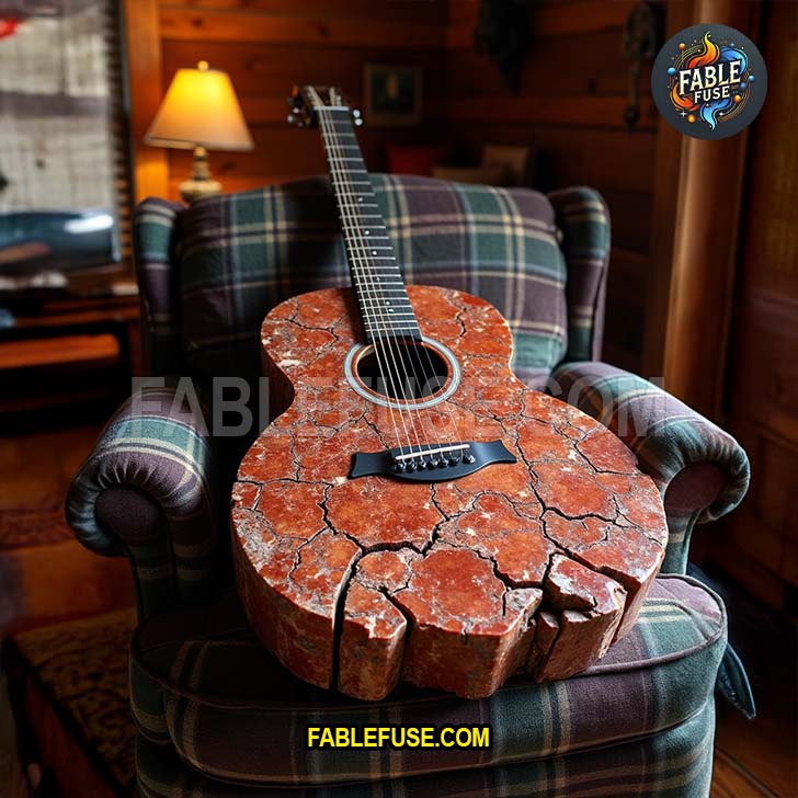 Acoustic guitar designed to resemble brecciated jasper stone with deep red hues and natural cracks.