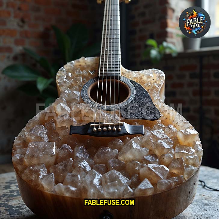 Acoustic guitar embedded with large, translucent crystals resembling smoky quartz or raw calcite.