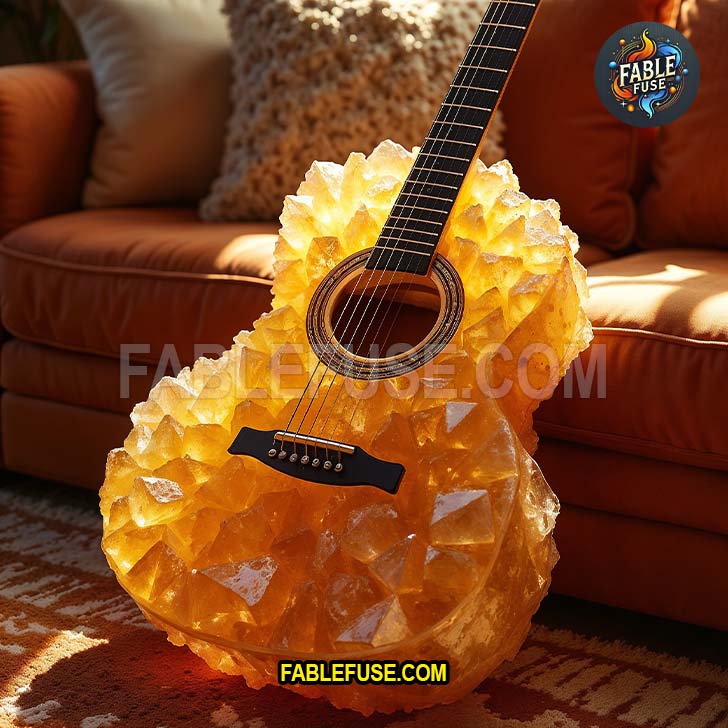Bright amber crystal guitar with jagged, geometric formations glowing in sunlight.