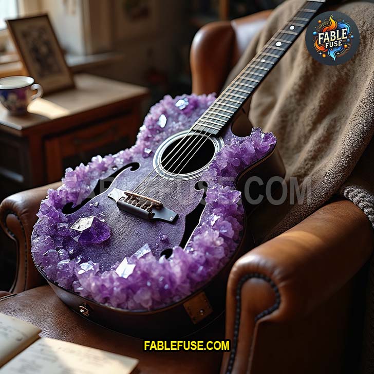 Purple crystal guitar with amethyst-like formations and ornate sound holes resting on an armchair.