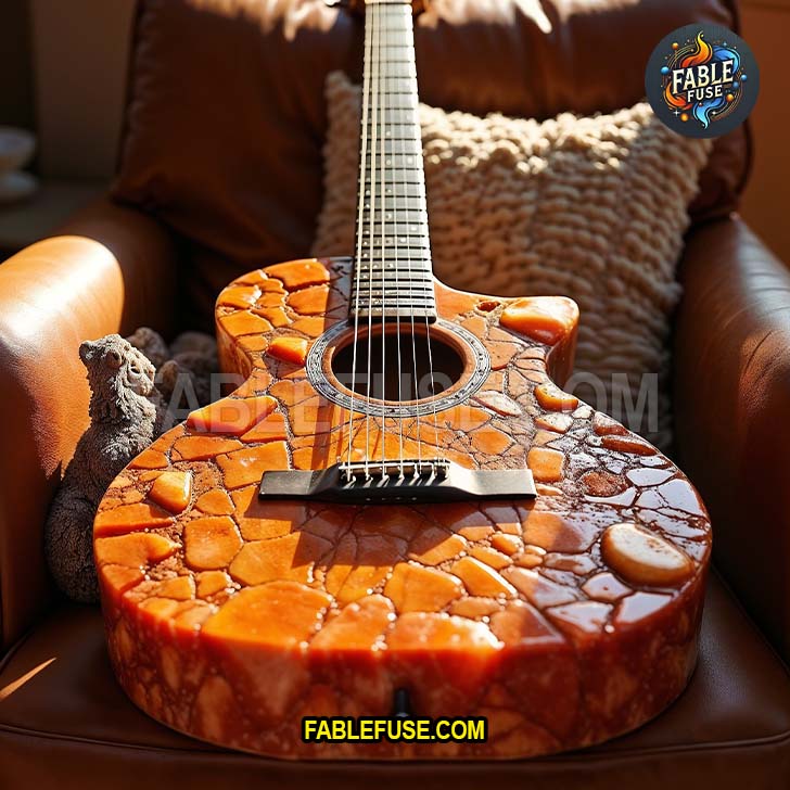 Glossy orange gemstone guitar with polished, mosaic-like carnelian surface.