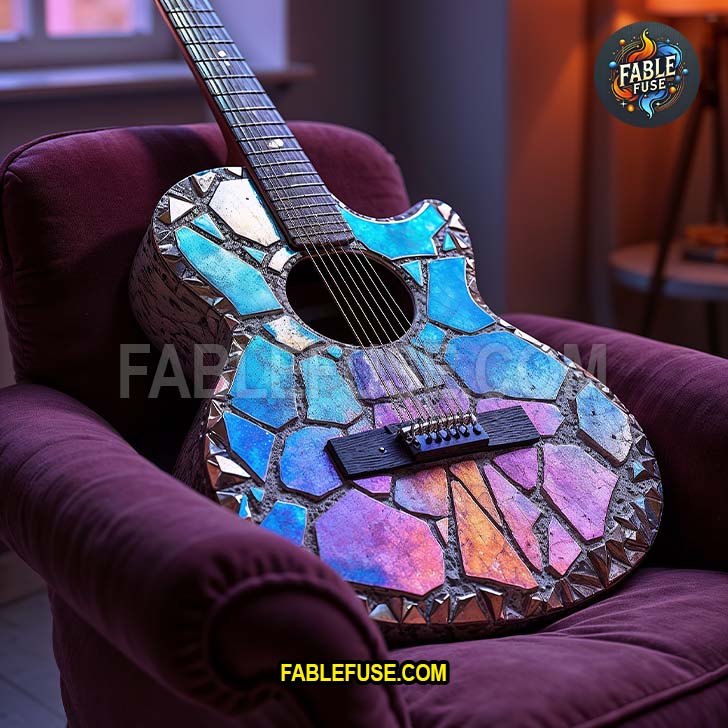 Iridescent mosaic guitar with stained glass-style pattern in blues, purples, and golds.