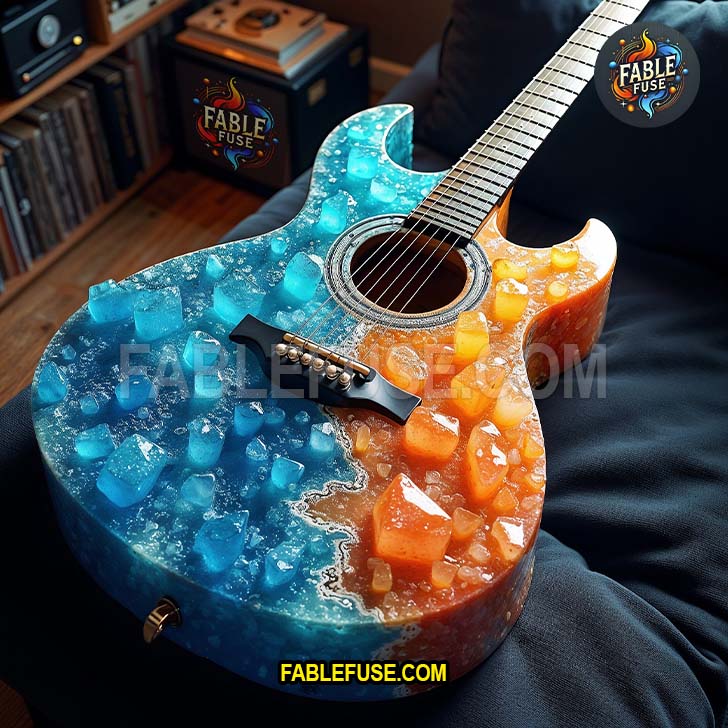 Guitar with vivid blue and orange crystal formations divided like fire and ice across the body.