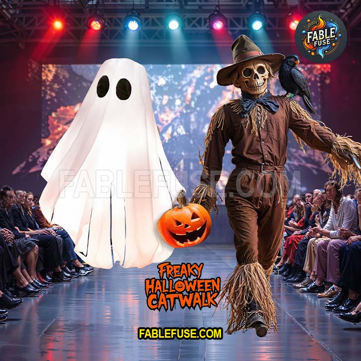 The Ghost and Scarecrow walk the catwalk together.