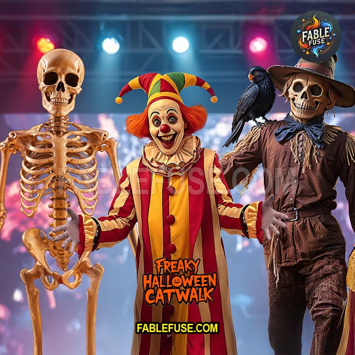 Skeleton Clown Scarecrow Team-Up for Walk.