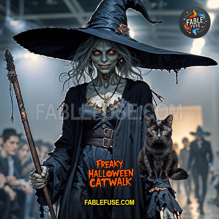 The Witch is brewing something up in cauldron with her black cat.