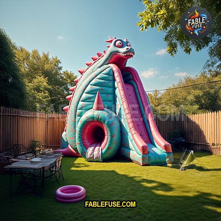A vibrant dragon-themed inflatable bounce house with a towering slide and playful design stands in a sunny backyard, perfect for outdoor parties and family fun.