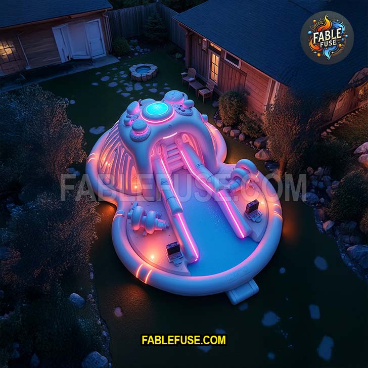 A futuristic UFO-inspired inflatable water slide glows with neon lights in a cozy backyard, turning nighttime play into an out-of-this-world adventure.