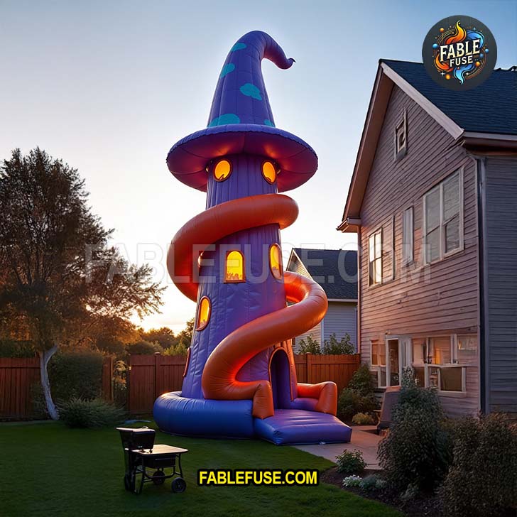 A towering inflatable wizard hat slide with glowing windows and a spiraling orange chute brings magical charm and vertical excitement to a cozy backyard.