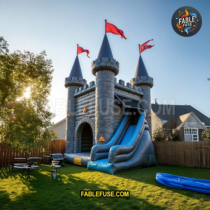 A medieval-style inflatable castle with gray stone-like walls and bright red flags turns an ordinary backyard into an epic playground for young adventurers.