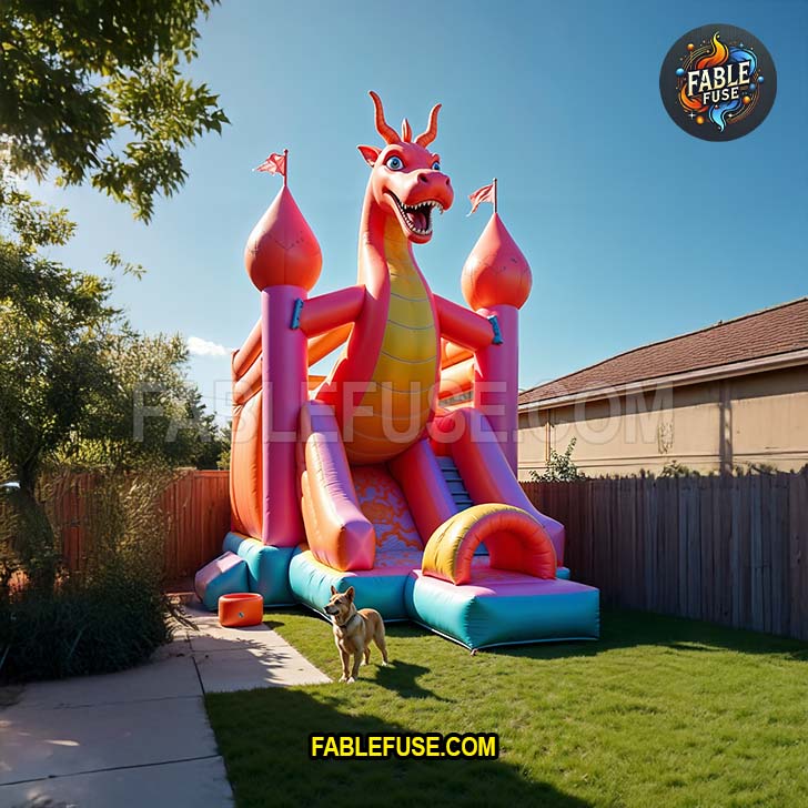 An eye-catching inflatable dragon castle with bold colors and playful towers brings a magical centerpiece to a sunny backyard party setting.
