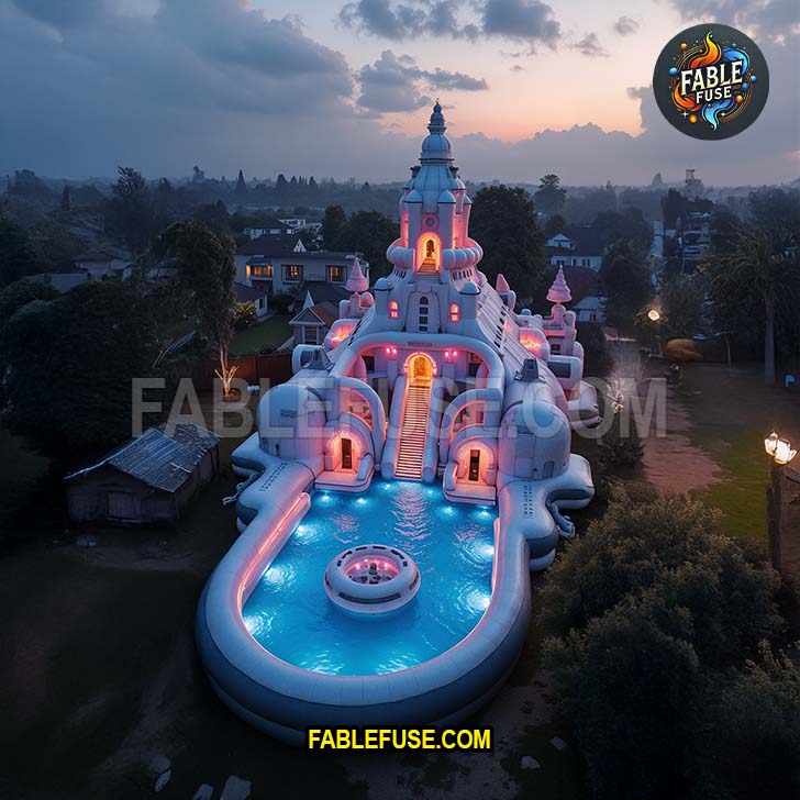 A glowing fairytale-style inflatable castle with water features and illuminated towers creates a magical centerpiece for twilight backyard celebrations.
