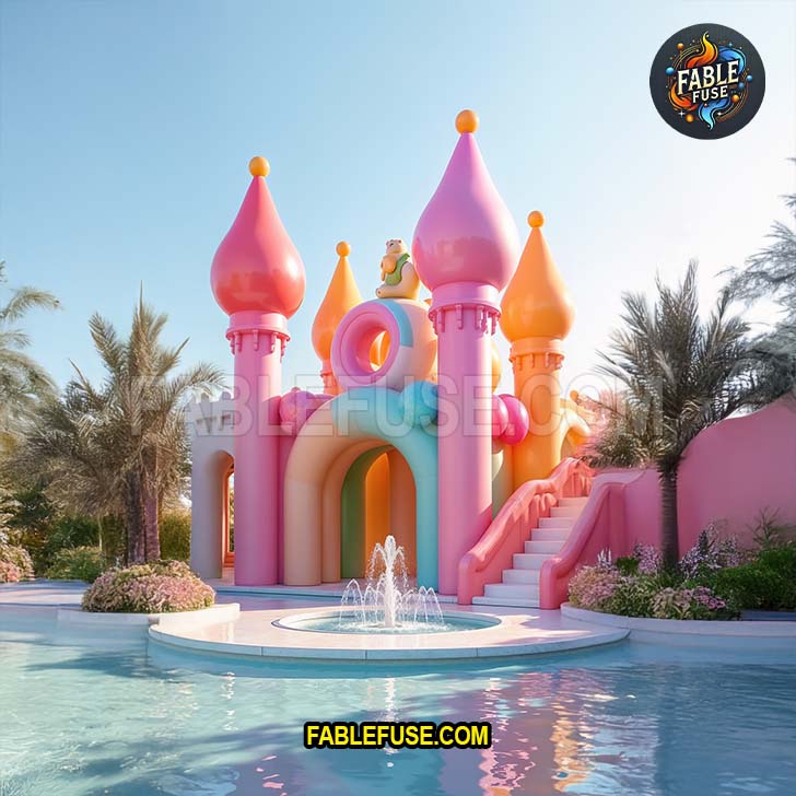 A pastel-colored inflatable palace with domed towers and a playful water fountain creates a dreamy fairytale setting for warm-weather fun.