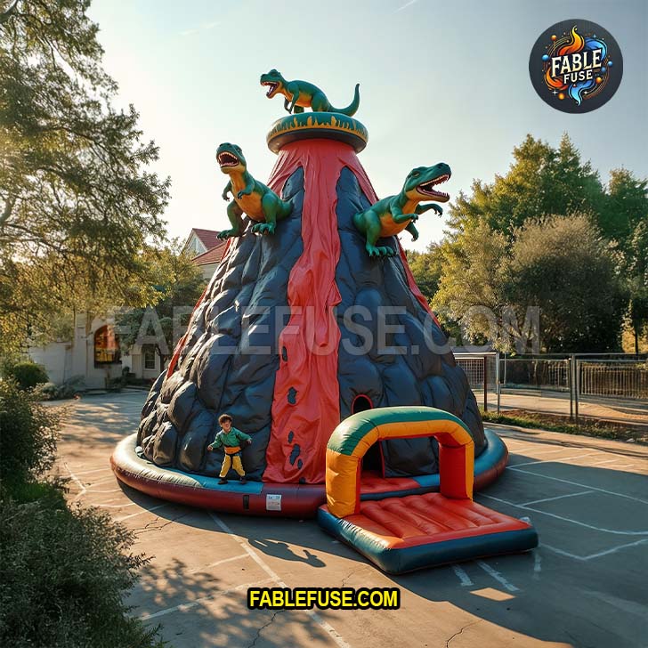 A towering inflatable volcano with erupting lava details and roaring dinosaurs creates a thrilling prehistoric adventure zone for kids.