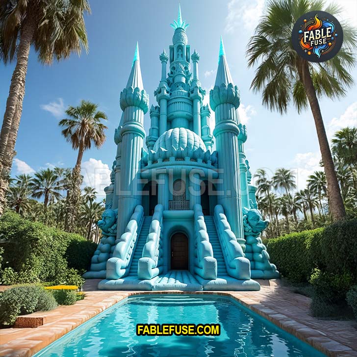 A majestic aqua-blue inflatable palace with towering spires and detailed architecture stands poolside, offering a luxurious and whimsical play experience for kids.