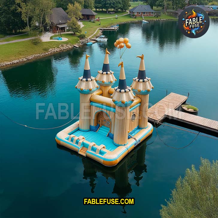 A whimsical inflatable castle floats peacefully on a lake, bringing royal adventure to the water with its playful towers and anchored dockside setup.
