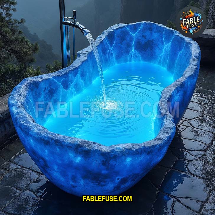 Finally, a bathtub that doubles as a portal to the Elemental Plane of Water. Probably carved from glowing sodalite or maybe some high-voltage lapis lazuli, this tub crackles with the energy of “I wanted a spa day, but also wanted to feel like Zeus on vacation.”