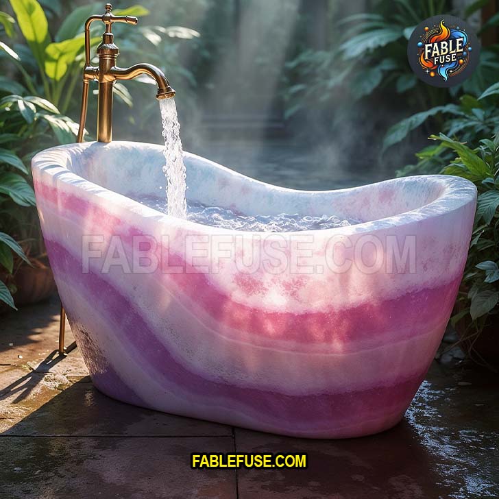 Finally, a bathtub made of pink banded calcite that looks like it was carved from a giant cosmic marshmallow. It's 30% spa luxury, 70% “did someone leave a unicorn in the sun too long?”