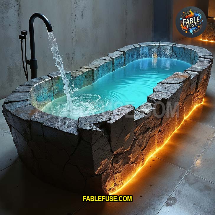 This tub is giving “I live in a volcano lair, but I moisturize.” Made from what looks like raw basalt or rugged obsidian, it’s the perfect soak for anyone who wants to feel like a fantasy villain unwinding after a long day of world domination.