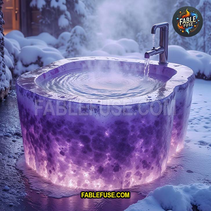 This glowing amethyst bathtub looks like it was forged in a Himalayan spa run by fairies who specialize in extreme luxury and dramatic winter flexes - because nothing says “self-care” like soaking in a gemstone hot tub while daring frostbite to try you.
