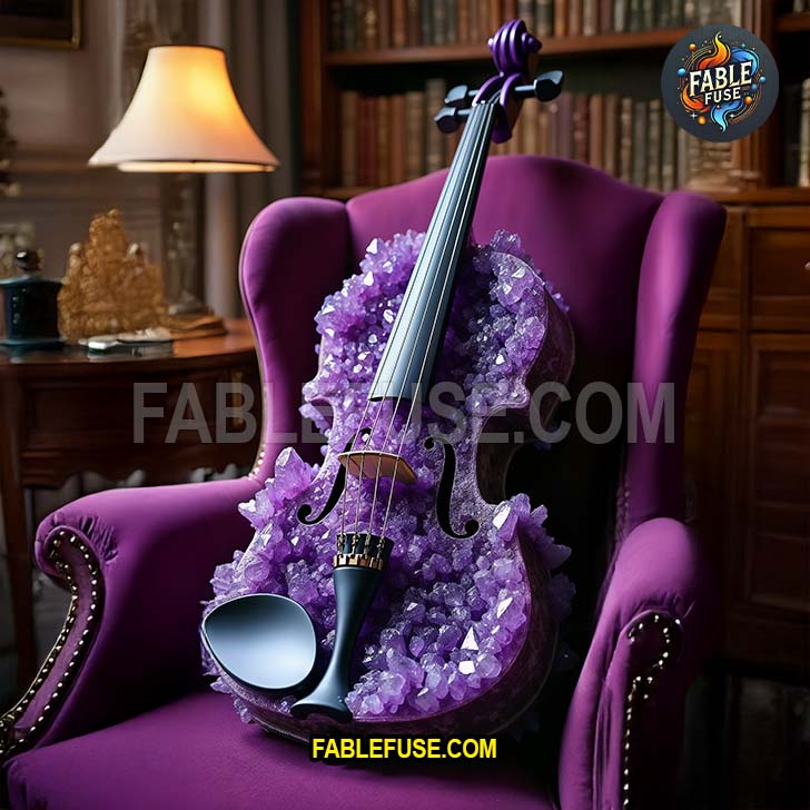 An amethyst crystal-encrusted violin rests gracefully on a deep purple velvet chair, merging musical artistry with the natural brilliance of gemstone design.