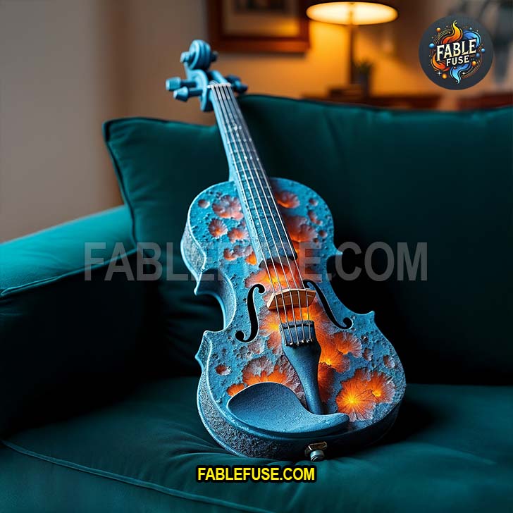 A uniquely textured violin sculpted from volcanic rock and glowing with fiery orange mineral blooms rests against a dark green sofa, capturing the raw drama of earth’s inner forces.