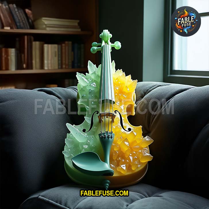 A vibrant two-toned violin encrusted with green aventurine on one side and golden citrine on the other rests on a plush chair, radiating harmony through its contrasting crystal energies.