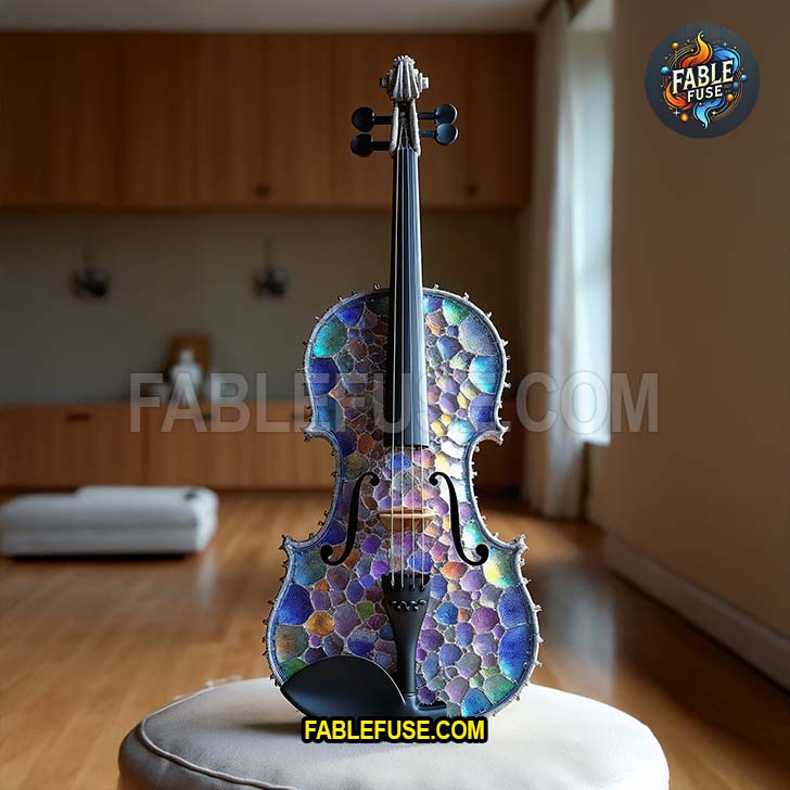 A mesmerizing violin inlaid with iridescent bismuth crystals stands upright on a soft ottoman, reflecting a spectrum of metallic hues with futuristic elegance.