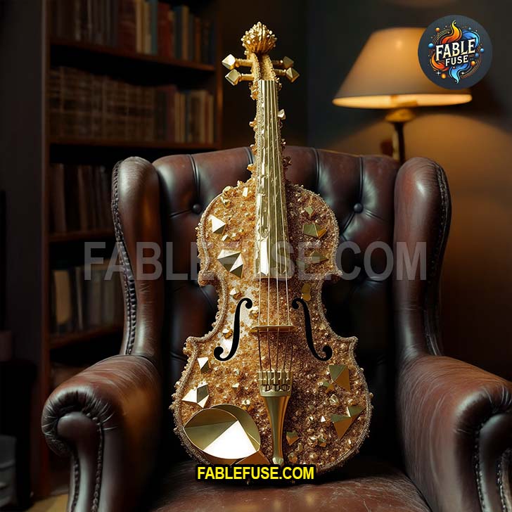 A gleaming violin encrusted with golden pyrite crystals and metallic facets rests regally on a tufted leather chair, radiating opulence and bold artistic flair.