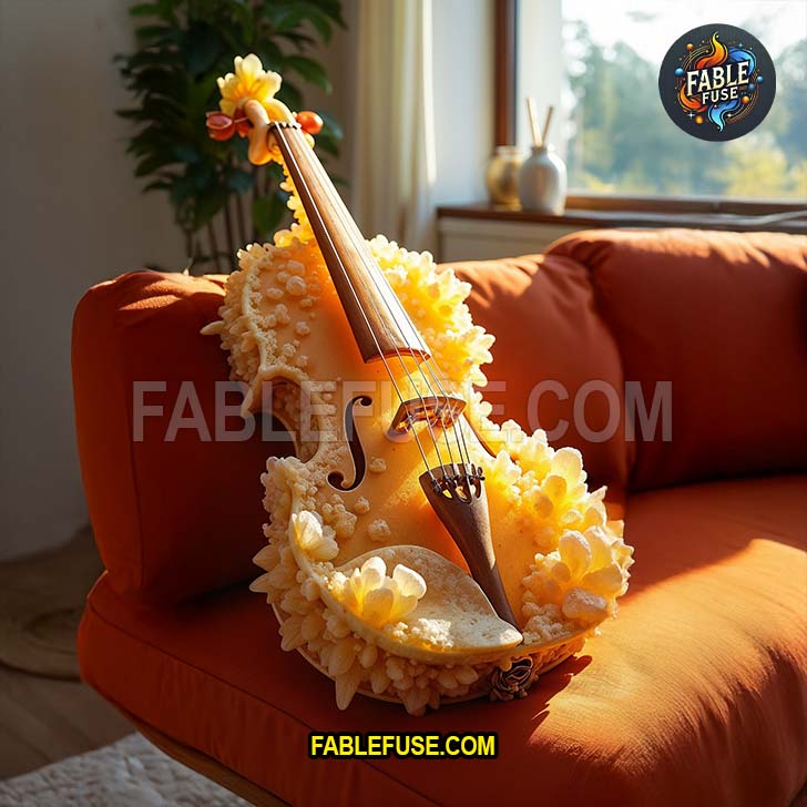 A radiant violin adorned with golden calcite crystals rests on a sunlit orange couch, blending organic mineral beauty with the timeless form of a classical instrument.