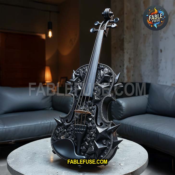 A bold violin sculpted from black tourmaline and edged with jagged crystal spikes sits on a concrete table, exuding dark elegance and raw mineral power.