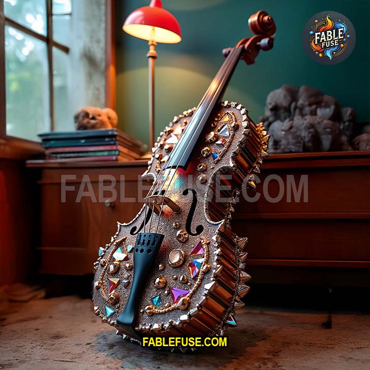 A dazzling violin encrusted with druzy quartz and multicolored gemstones rests beside a study lamp, radiating a fantastical fusion of sparkle and symphony.