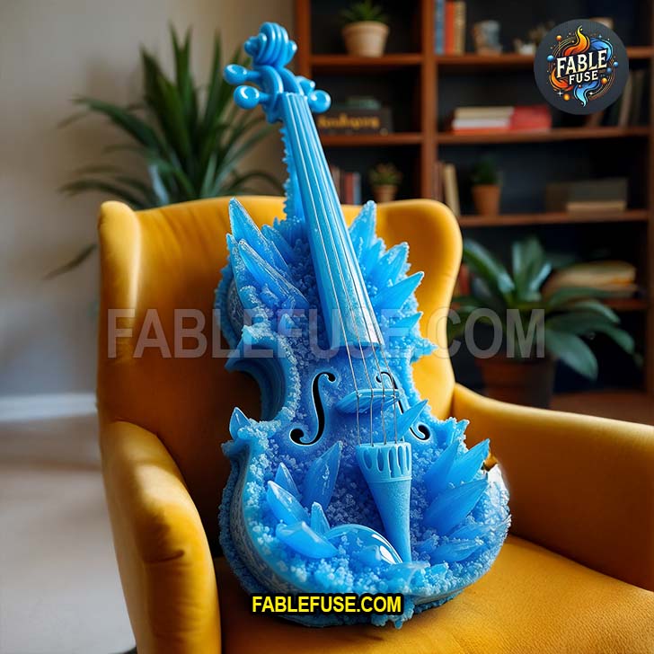 A luminous violin sculpted from vibrant blue celestite crystals rests on a mustard yellow chair, fusing celestial mineral beauty with classical form in a striking display.