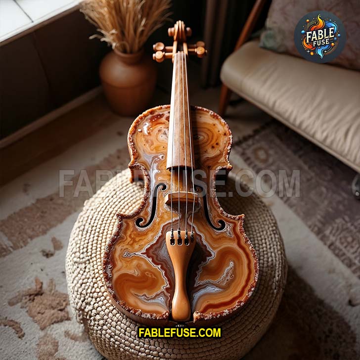 A richly banded agate violin with warm, earthy tones rests on a woven pouf, showcasing the harmonious blend of geological elegance and classical design.