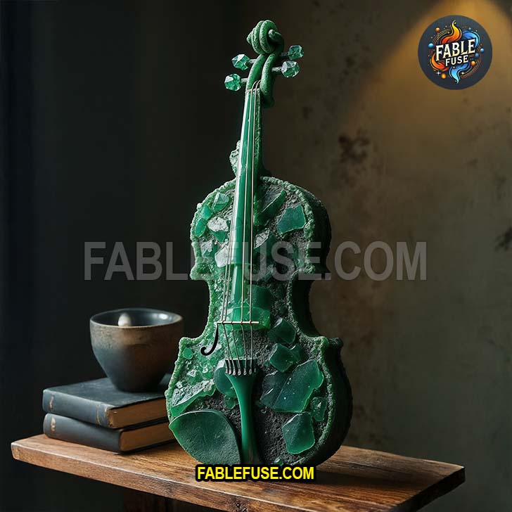 A deep green jade violin with a matte finish and rugged crystal fragments stands poised on a wooden table, exuding timeless strength and sculptural grace.