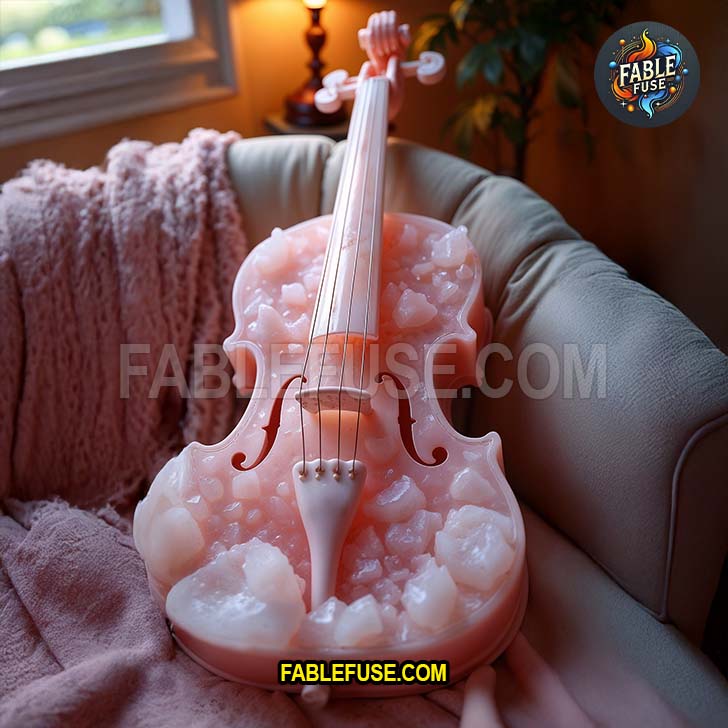 A delicate violin carved from soft pink rose quartz rests on a plush chair, glowing with gentle warmth and romantic serenity in the evening light.