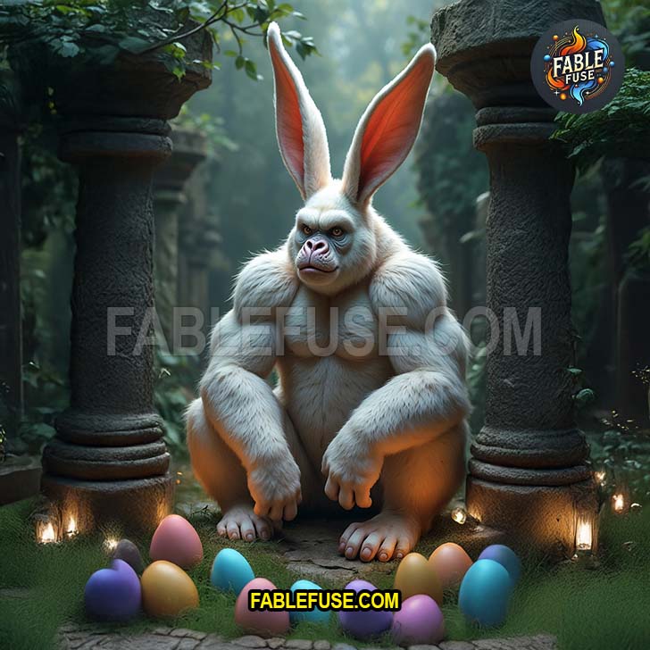 Deep in ancient ruins a solemn white-furred gorilla with rabbit ears watches over a sacred ring of eggs.