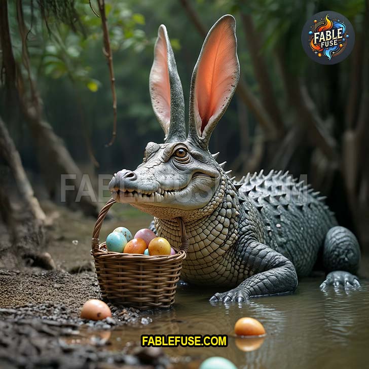This sharp-toothed guardian part alligator and part bunny lounges in a swampy pool cradling eggs with surprising gentleness.
