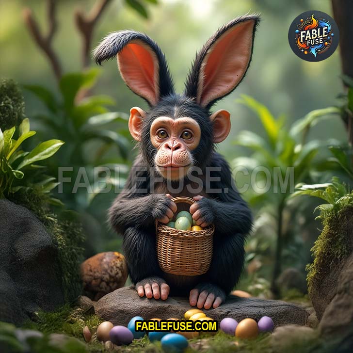 Innocent eyes and curious hands the chimpanzee with bunny ears clutches a tiny basket ready to charm and surprise.