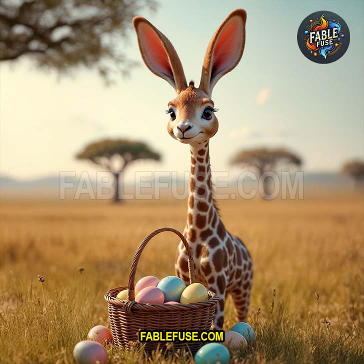 With skyward grace the giraffe bunny peeks over trees with her eggs nestled at the base of her long legs.