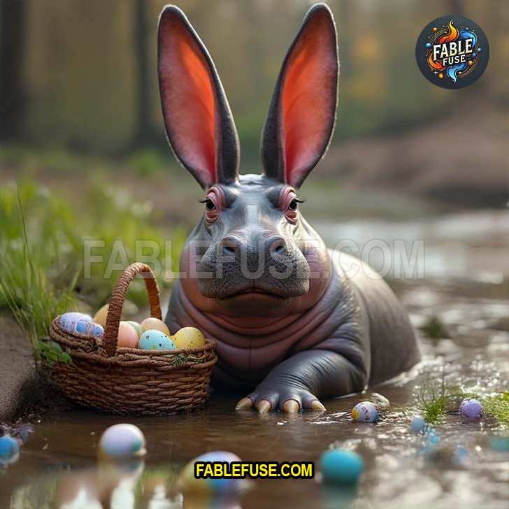 Half-submerged and serene the hippo bunny protects its colorful treasures from the riverbank.