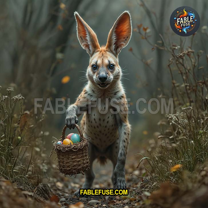 Mischief meets duty as the hyena bunny grins slyly while scattering eggs through a forest trail.
