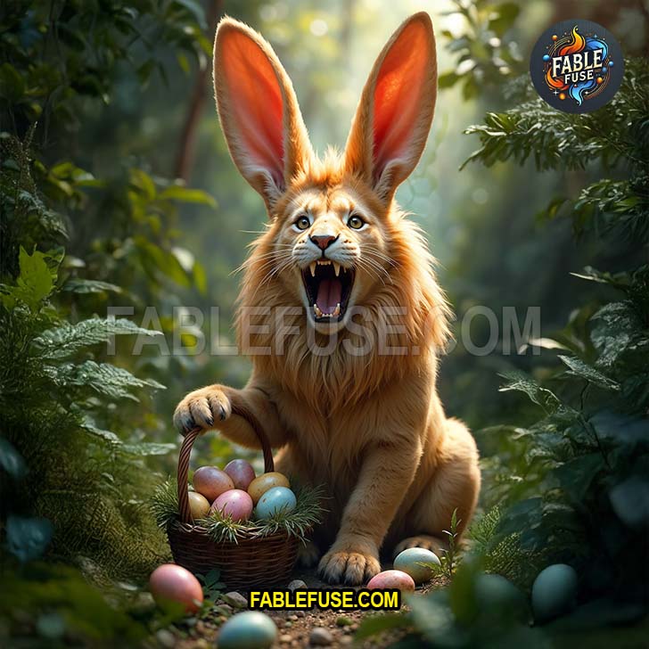A regal lion with towering rabbit ears guards a basket of enchanted eggs in a lush forest glade.