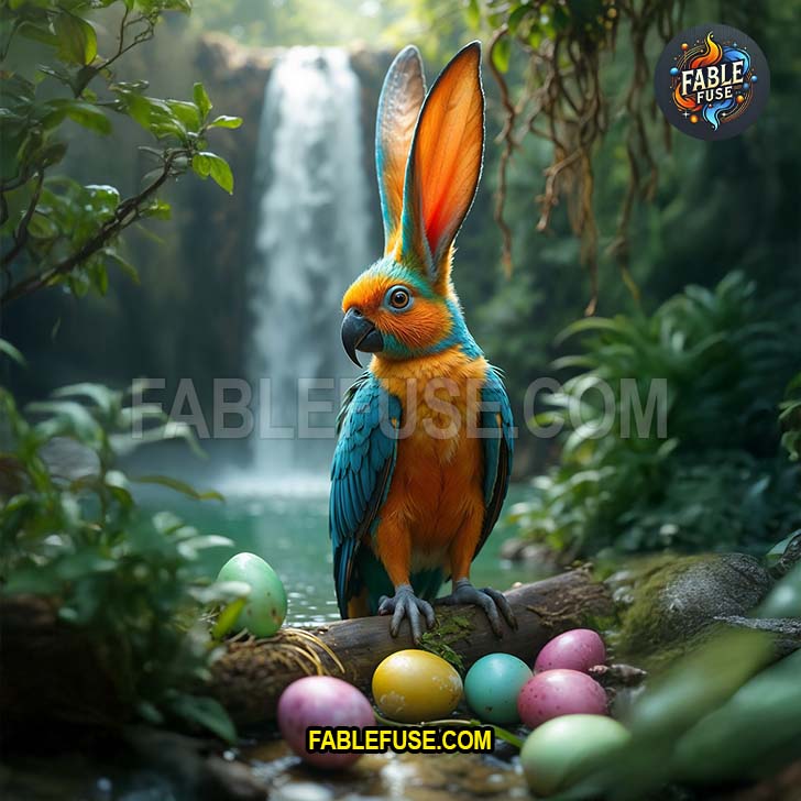 Vibrant feathers shimmer as the macaw bunny perches by a waterfall with eggs nestled beneath.