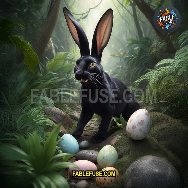 Shadows shift around the foliage as the sleek panther bunny emerges with softly glowing eggs at its paws.